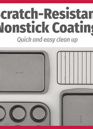 GoodCook 4-Piece Nonstick Steel Toaster Oven Set with Sheet Pan, Rack, Cake Pan, and Muffin Pan, Gray, 4-Piece Set Distributes Heat Evenly, Nonstick Coating, Dishwasher-Safe