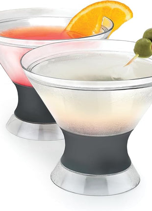 Host Freeze Insulated Martini Cooling Cups, Plastic Freezer Gel Chiller Double Wall Stemless Cocktail Glass Set of 2, 9 oz, Grey