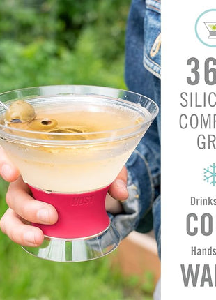 HOST Freeze Insulated Martini Cooling Cups, Plastic Freezer Gel Chiller Double Wall Stemless Cocktail Glass Bright Pink 9oz Set of 2