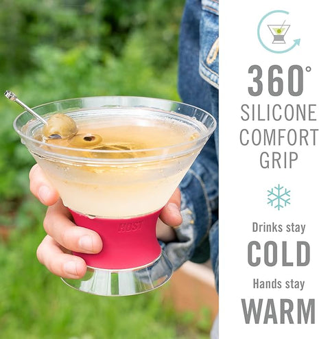 HOST Freeze Insulated Martini Cooling Cups, Plastic Freezer Gel Chiller Double Wall Stemless Cocktail Glass Bright Pink 9oz Set of 2