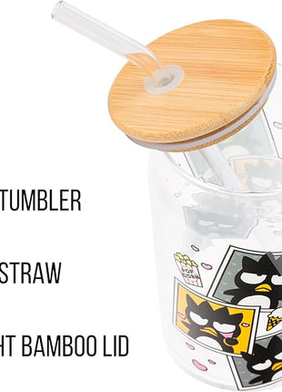 Silver Buffalo Sanrio Hello Kitty and Friends Badtz-Maru Polaroids Glass Jar Tumbler with Bamboo Lid and Glass Straw, 16 Ounces