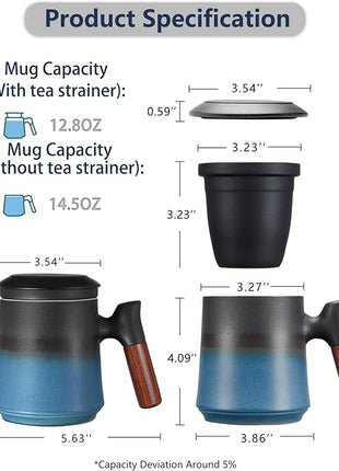 ZENS Gradient Blue Tea Cup with Infuser and Lid, 14.5oz Wood Handle Tea Mug, Loose Leaf Tea Steeper & Strainer, Tea Lovers Gifts