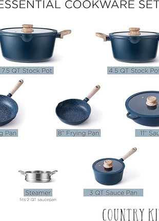 Country Kitchen Non-Stick Cast Aluminum Cookware Set - Durable Kitchen Cookware for Everyday Cooking, Navy Round Handle, 11 Pc.