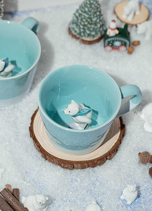 DIHOclub Skiing Polar Bear Ceramic Cup Hidden Animal Inside Mug Cute Cartoon Handmade Figurine Mugs,Holiday and Birthday Gift for Coffee Milk Tea Lovers,12 OZ(Blue White)
