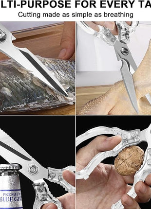 CGBE Kitchen Scissors, Multi-Purpose Kitchen Shears, Heavy Duty Dishwasher Safe Food Scissors for Chicken, Poultry, Fish, Meat & Herbs with Non-Slip Grips (Transparent)