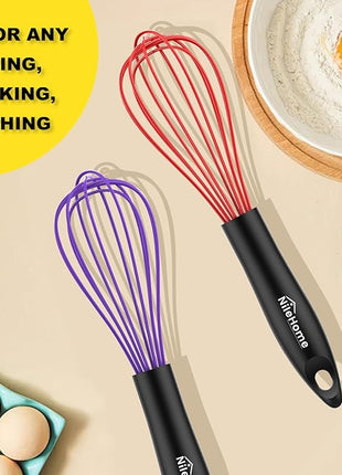NileHome Silicone Whisk Set, 3 Pack Kitchen Whisk 10" Kitchen Wisk Wire Whisks for Cooking, Whisking, Blending, Beating, Stirring-Multicolor