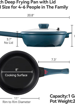 TIBORANG 8 in 1 Multipurpose 11 Inch 5 Quart Heat Indicator Nonstick Deep Frying Pan with Glass Lid,Steamed Grid,PFOA-Free,Dishwasher&Oven Safe,Works with All Stovetops (Dark Teal)