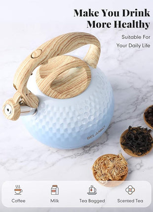 BELANKO 2.7 Quart Tea Kettle for Stovetop - Food Grade Stainless Steel with Diamond Texture, Designer Teapot Look, Cool-Touch Wood Pattern Handle, Whistling Spout - Gradient Blue