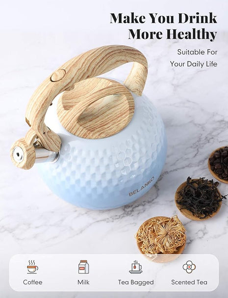 BELANKO 2.7 Quart Tea Kettle for Stovetop - Food Grade Stainless Steel with Diamond Texture, Designer Teapot Look, Cool-Touch Wood Pattern Handle, Whistling Spout - Gradient Blue