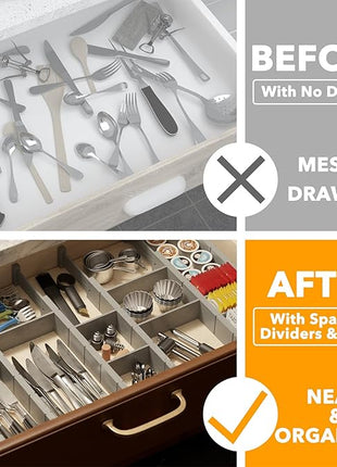 SpaceAid Bamboo Drawer Dividers with Inserts and Labels, Kitchen Adjustable Drawer Organizers, Expandable Organization for Home, Office, Dressers, 10 Dividers with 24 Inserts (17"-22" Gray)