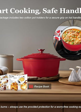 Overmont Enameled Cast Iron Dutch Oven - 7QT Pot with Lid Cookbook & Cotton Potholders - Heavy-Duty Cookware for Braising, Stews, Roasting, Bread Baking red
