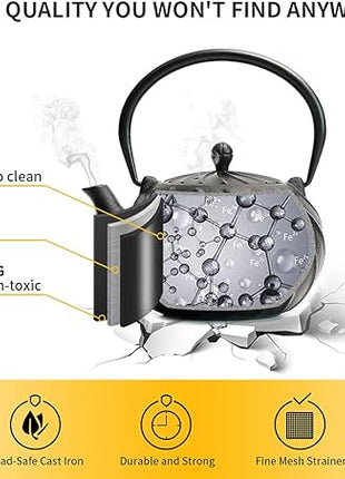 Tea Kettle, TOPTIER Japanese Cast Iron Teapot with Infuser, Cast Iron Tea Kettle Stovetop Safe, Wave Design Teapot Coated with Enameled Interior for 30 Ounce (900 ml), Midnight Black