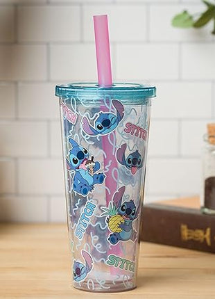 Silver Buffalo Disney Lilo and Stitch Snacking Pattern Plastic Boba Tumbler with Lid and Straw, 24 Ounces