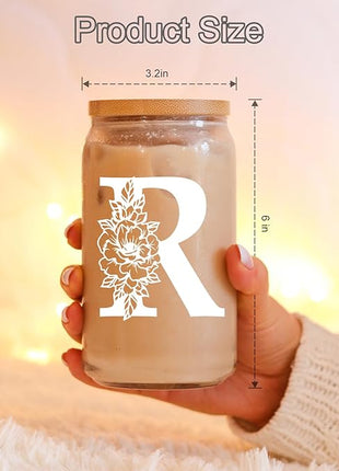 Coolife Initial Glass Cup, Monogrammed Gifts for Women, 16 oz Glass Cups w/Lids Straws, Iced Coffee Smoothie Beer Tumbler w/Straw Lid - Personalized Christmas, Birthday Gifts for Her Mom Friend Woman