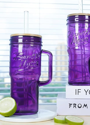 ANOTION Glass Cups with Handle, 24oz Glass Cups with Lids and Straws Travel Coffee Mug Bamboo Mason Jar Iced Cup Smoothie Tea Clear Cute Water Drinking Jars Glasses, Purple
