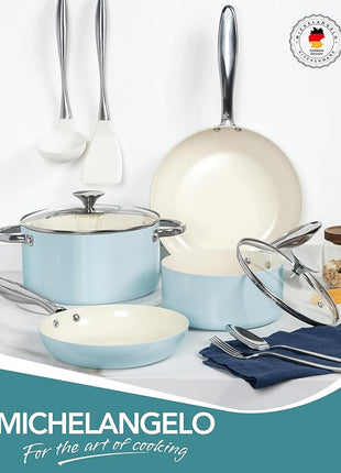 MICHELANGELO Pots and Pans Set Non Stick Ceramic Cookware Set, 8-Piece Nonstick Pots and Pans, Non-Toxic, Oven Safe & Compatible with All Stovetops - Blue