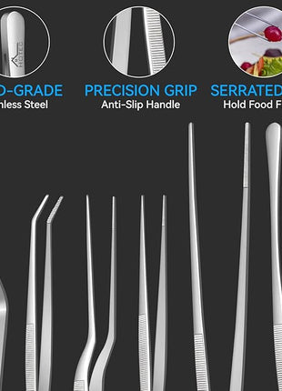 HOTEC Kitchen Tweezers Tongs Stainless Steel, Set of 6 - Professional Cooking Tweezers for Cooking, Chefs, BBQ, Seafood, Baking & Repair