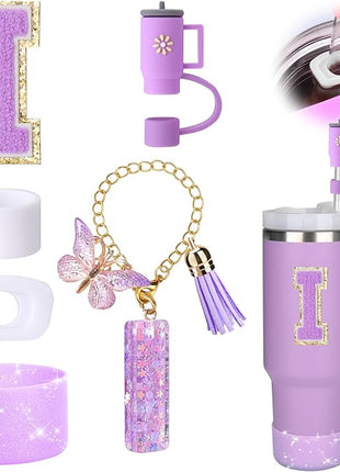 Mity rain 6PCS Cup Accessories Set for Stanley Cup 30oz 40oz tumbler with handle, Including Silicone Straw Topper Cover Cap and Boot, Spill Proof Stopper, Handle Charm, Initials Sticker (Letter I)