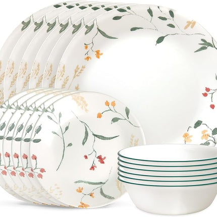 Corelle Vitrelle 18 Piece Glass Dinnerware Sets Service for 6, Triple Layer Chip & Crack Resistant Glass Plate and Bowl Sets, Wildflower