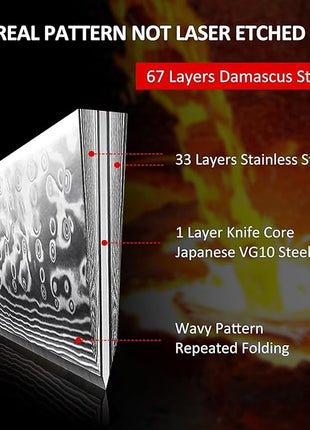 PAUDIN Damascus Chef Knife, 8 Inch Kitchen Knife, 67 Layers Damascus Steel Knife Japanese VG10 Core, Professional Chefs Knife with Ergonomic G10 Handle