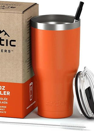 Arctic Tumblers | 30 oz Orange Insulated Tumbler with Straw & Cleaner - Retains Temperature up to 24hrs - Non-Spill Splash Proof Lid, Double Wall Vacuum Technology, BPA Free & Built to Last