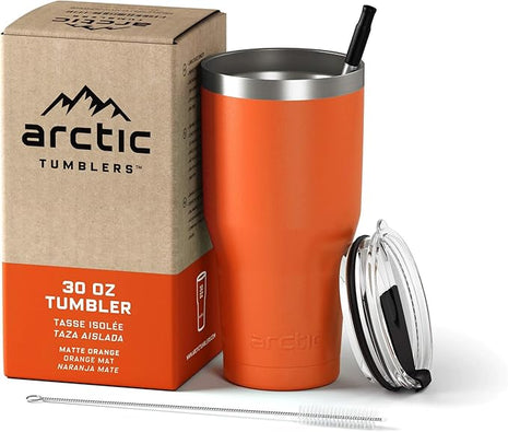 Arctic Tumblers | 30 oz Orange Insulated Tumbler with Straw & Cleaner - Retains Temperature up to 24hrs - Non-Spill Splash Proof Lid, Double Wall Vacuum Technology, BPA Free & Built to Last