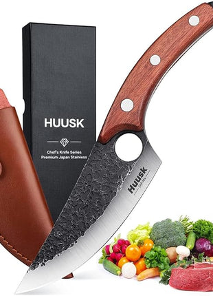 Huusk Viking Knife, Japanese Meat Cleaver Knives Forged Boning Knife with Sheath, High Carbon Steel Japan Butcher Fillet Chef Knives for Kitchen, Camping, Christmas Gifts for Men Women