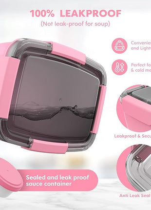 Cherrysea 2Pack Salad Lunch Container, 68oz Salad Bowls with 4 Compartments Tray,Leak Proof Lunch Box with Fork for Men,Women BPA-Free Snack Container with Sauce Container for Dressings-Pink