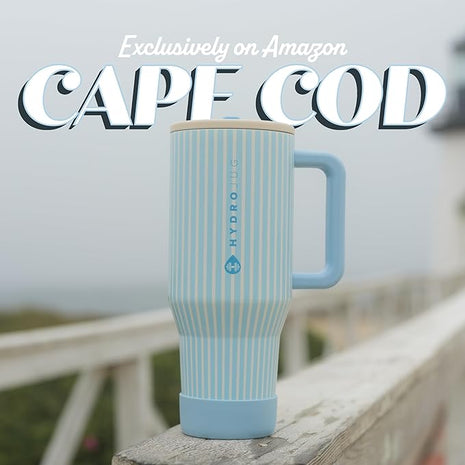 HydroJug Traveler - 40 oz Water Bottle with Handle & Flip Straw - Fits in Cup Holder, Leak Resistant Tumbler-Reusable Insulated Stainless Steel & Rubber Base - Gifts for Women & Men, Cape Cod