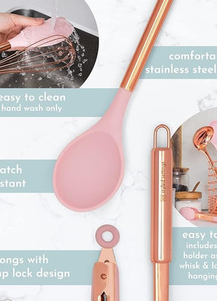 Copper and Pink Kitchen Utensils Set - 17-Piece Silicone Cooking Tools with Copper Utensil Holder and Pink Measuring Cups and Spoons for Baking and Everyday Cooking - Stylish Kitchen Accessories