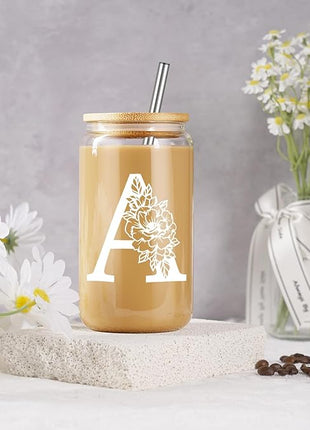 Coolife Initial Glass Cup, Monogrammed Gifts for Women, 16 oz Glass Cups w/Lids Straws, Iced Coffee Smoothie Beer Tumbler w/Straw Lid - Personalized Christmas, Birthday Gifts for Her Mom Friend Woman