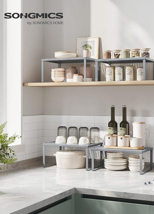 SONGMICS Spice Racks, Set of 2 Metal Cabinet Shelf Organizers, Countertop Organizers, Shelf Risers, Stackable, Expandable, Silver UKCS01SV