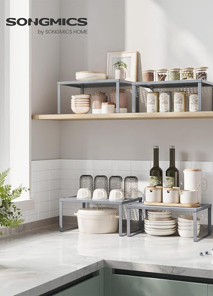 SONGMICS Spice Racks, Set of 4 Metal Cabinet Shelf Organizers, Countertop Organizers, Shelf Risers, Stackable, Expandable, Silver UKCS006S01