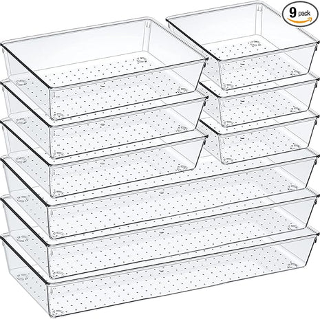 9 Pack Clear Plastic Drawer Organizer Set, Acrylic Non Slip Non Cracking Kitchen Drawer Storage Tray Large Size Divider, Multifunctional Storage for Cosmetics, Bathroom, Tools, Kitchen and Office