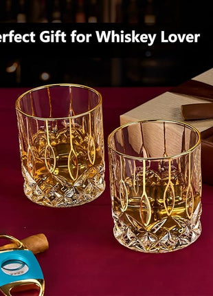 GLASKEY Gold Rim Whiskey Glasses Set of 2,Crystal Old Fashioned Glasses-Luxury Gold Collection,Perfect for Scotch Bourbon Rocks Cognac Vodka Gin Tequila Rum Liquor,Whiskey Gifts for Men