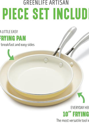 GreenLife Artisan Healthy Ceramic Nonstick, 8" and 10" Frying Pan Skillet Set, Stainless Steel Handle, Induction, PFAS-Free, Dishwasher Safe, Oven Safe, Yellow