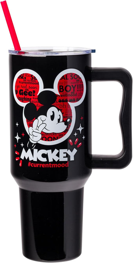 Silver Buffalo Disney Classic Mickey Mouse Hashtag Current Mood “#currentmood” Stainless Steel Tumbler with Handle and Straw, Fits in Standard Cup Holder, 40 Ounces