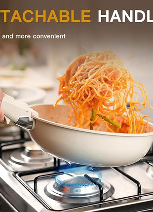 Astercook Ceramic Non-stick Cookware 21 Pcs Pots and Pans Set, Detachable Handle, RV Kitchen Non Stick Cooking Set Removable Handles, Oven Safe, Induction Ready, Stackable, Cream White