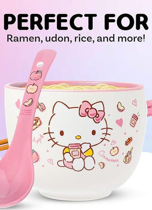 Silver Buffalo Sanrio Hello Kitty Apples and Cinnamon Ceramic Ramen Noodle Rice Bowl with Chopsticks and Spoon, Microwave Safe, 20 Ounces