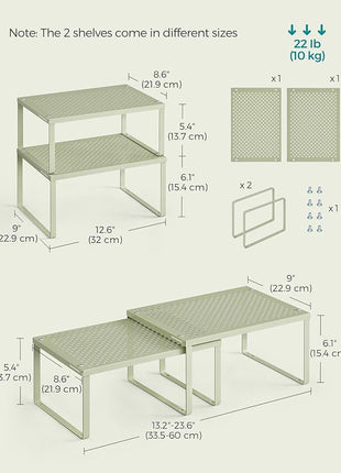 SONGMICS Spice Racks, Set of 4 Metal Cabinet Shelf Organizers, Countertop Organizers, Shelf Risers, Stackable, Expandable, Sage Green UKCS006C01
