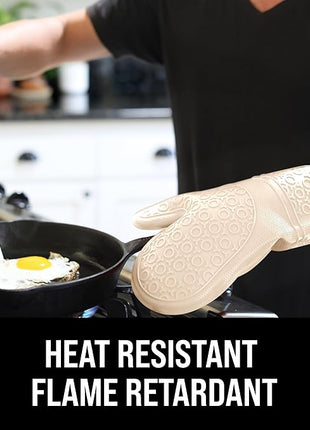 BPA-Free Silicone Oven Mitts Ultra Heat Resistant up to 500°F - Oven Mitts with Thick Cotton Liner - Long Slip Resistant Pot Holders, Flexible Oven Gloves - Beige 14.7