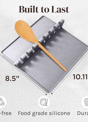 Gray Silicone Spoon Rest for Stove Top with Drip Pad (1 Pack) - Extra Large Heat-Resistant, BPA-Free Utensil Rest for Kitchen Counter - Utensil Holder for Spatulas, Tongs, Ladles and Kitchen Gadgets