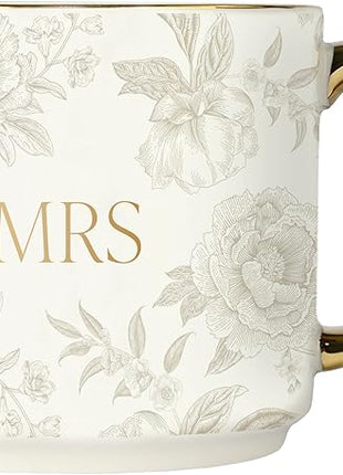 Sweet Water Decor Mrs Mug, 14oz Fine Bone China Coffee Cup with Gold Handle and Grey Delft Pattern, Bridal Shower Gift for Wedding Bride, Engagement & Newlyweds