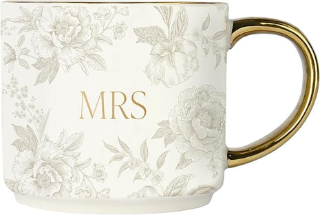 Sweet Water Decor Mrs Mug, 14oz Fine Bone China Coffee Cup with Gold Handle and Grey Delft Pattern, Bridal Shower Gift for Wedding Bride, Engagement & Newlyweds