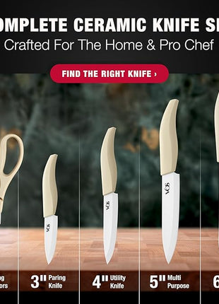 Vos Ceramic Knife Set in Elegant Gift Box, Ceramic Knives Set For Kitchen, Ultra Sharp Kitchen Knife Set & Covers, 3" 4" 5" 6" Paring, Santoku, utlity & Chef Knife, Scissors included (Off-White)