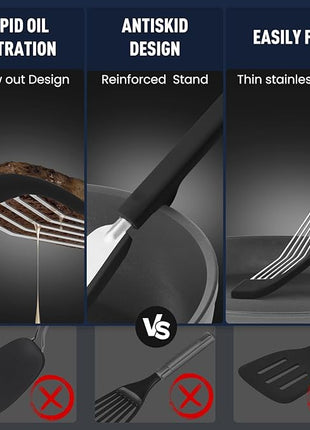 Silicone Fish Spatula Turner Set of 2,2-in-1 Heat Resistant Silicone Slotted Fish Spatulas for Nonstick Cookware,Flexible Thin Stainless Steel Slotted Fish Turner Spatula Flipper for Fish,Egg,Pancake