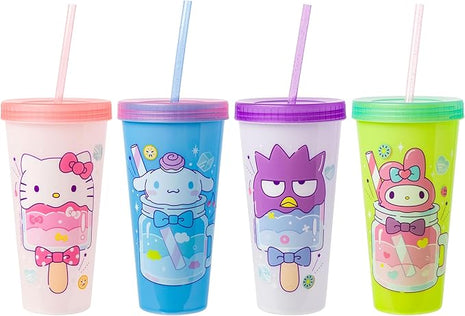 Silver Buffalo Sanrio Hello Kitty and Friends 4 Pack Color Changing Plastic Tumblers Featuring Hello Kitty, My Melody, Badtz Maru, and Cinnamoroll, 24 Ounce