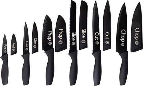 MasterChef Kitchen Knife Set with Covers, 6 Professional Chef Knives for Home Kitchens, Extra Sharp Cutting Stainless Steel Blades & Protective Sheaths, Soft-Touch Easy-Grip Handles, Essential Black