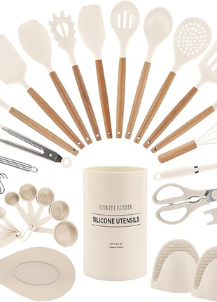 Country Kitchen Non Stick Silicone Utensil Set with Rounded Wood Handles for Cooking and Baking, 38 Piece Set, Khaki