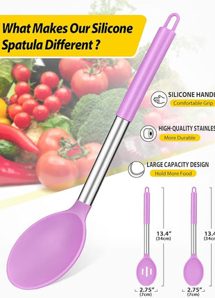 Pack of 2 Large Silicone Cooking Spoons,Non Stick Solid Basting Spoon,Heat-Resistant Kitchen Utensils for Mixing,Serving,Draining,Stirring (PURPLE)
